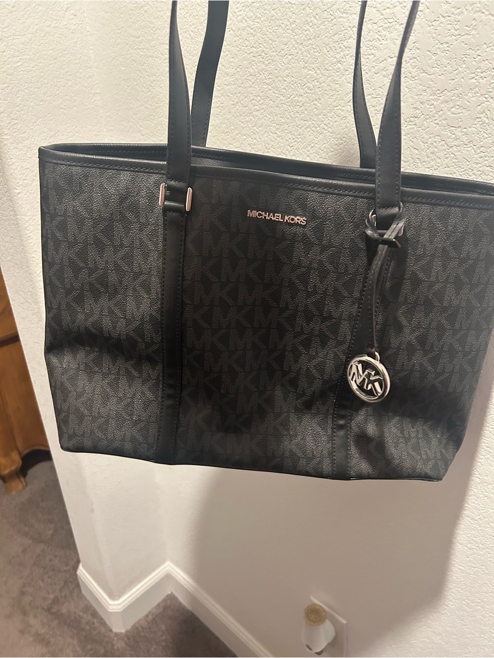 Michael Kors Black MK Monogram Tote with Silver Logo - Picture 11 of 13